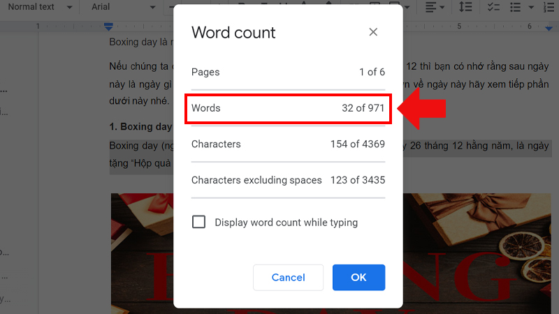 The content appears as the  page number, word count, character count of the data you have highlighted compared to the entire document file
