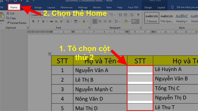 Select  the 2nd column to be numbered > Select the Home tab