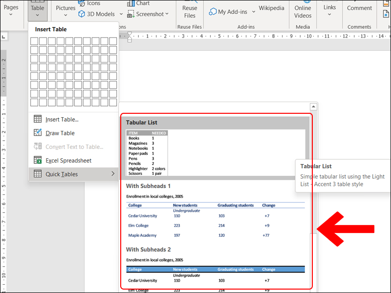 Choose a suggested table template