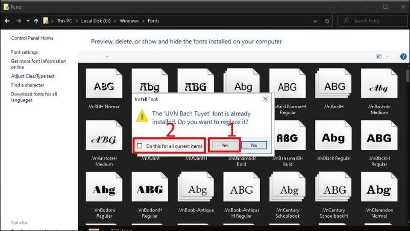 Select Yes to agree to overwrite the old fonts