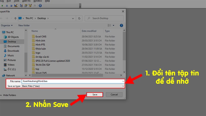 In the popping up dialog box, make a name change to make the file easier to remember > Click Save to save the VBA file