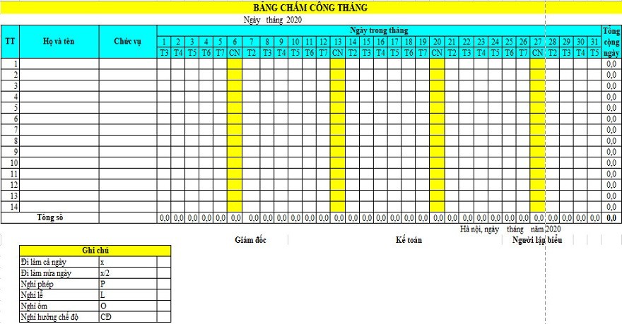Hướng dẫn chi tiết cách làm bảng chấm công trên Excel 2