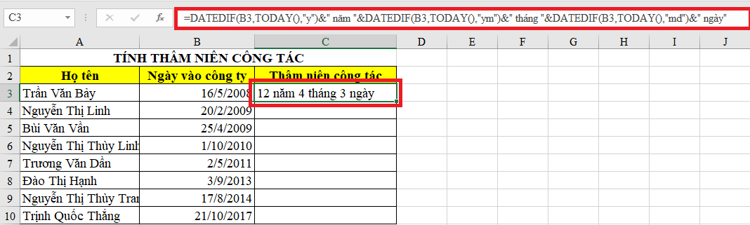 Cách tính thâm niên trong Excel và Quản lý Nhân Sự 5