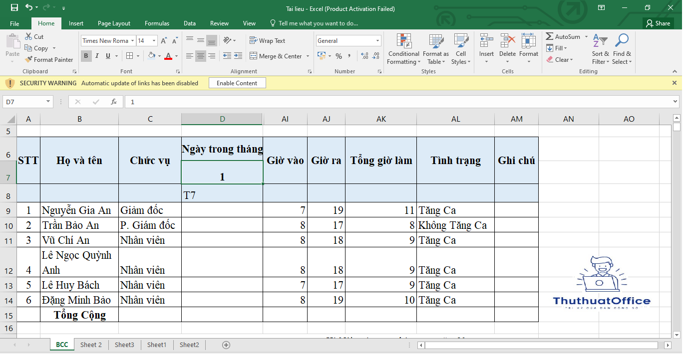 bảng chấm công excel 1