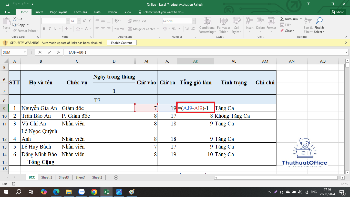 bảng chấm công excel 2