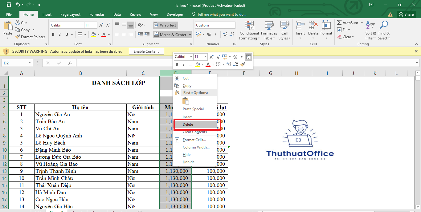 Hướng Dẫn Chi Tiết Cách Xóa Cột Trong Excel 1