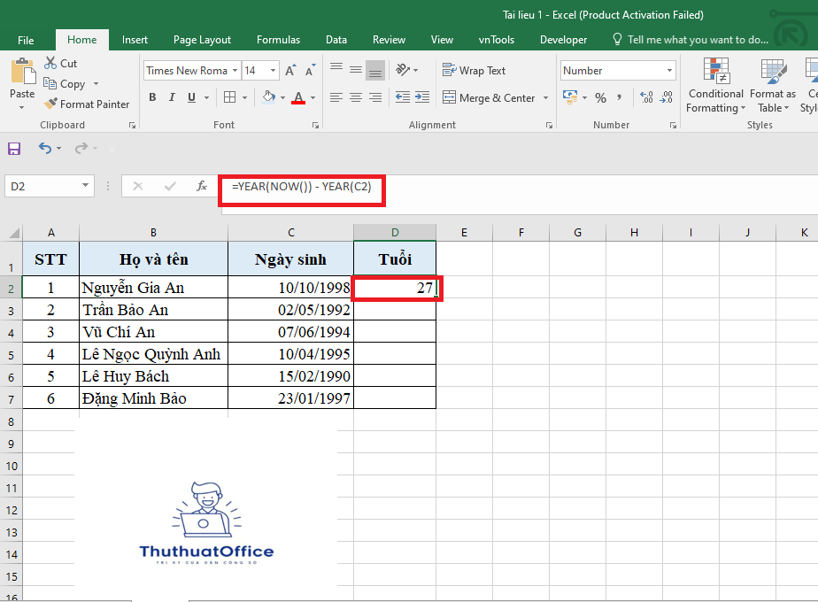 Cách Tính Tuổi Trong Excel Bằng Hàm YEAR Và DATEDIF 3