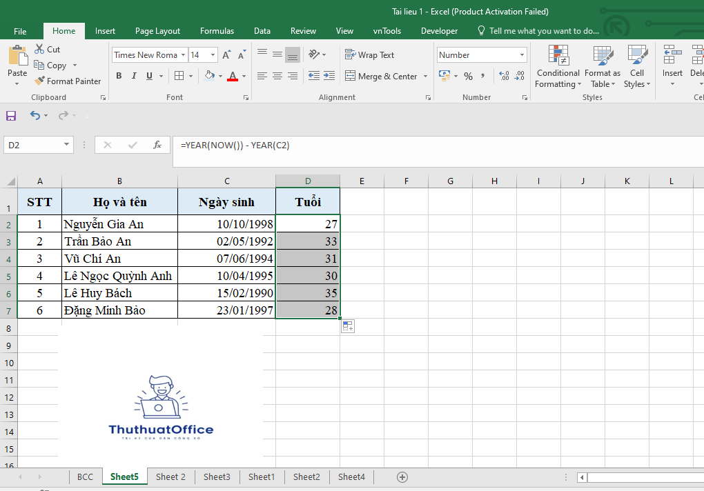 Cách Tính Tuổi Trong Excel Bằng Hàm YEAR Và DATEDIF 4