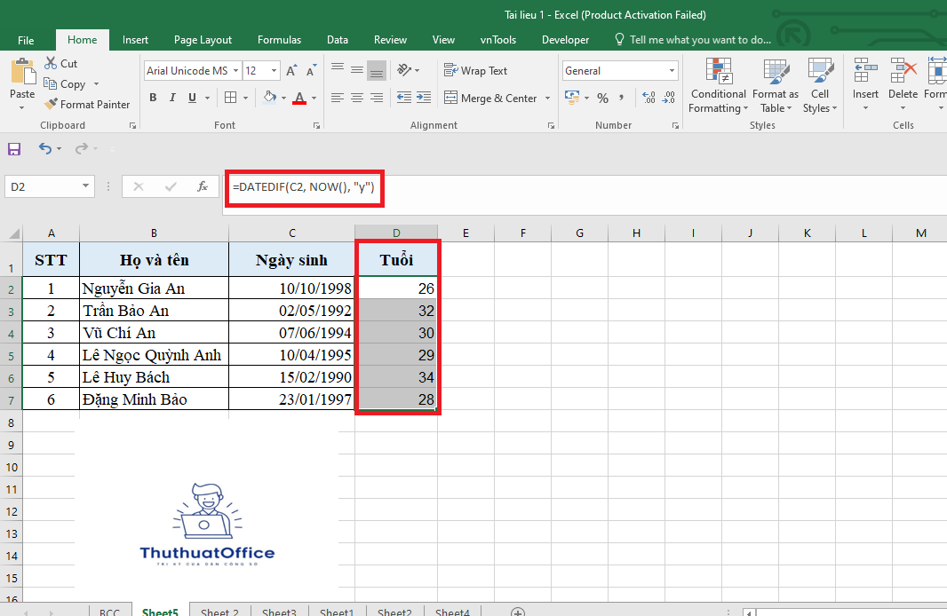 Cách Tính Tuổi Trong Excel Bằng Hàm YEAR Và DATEDIF 5