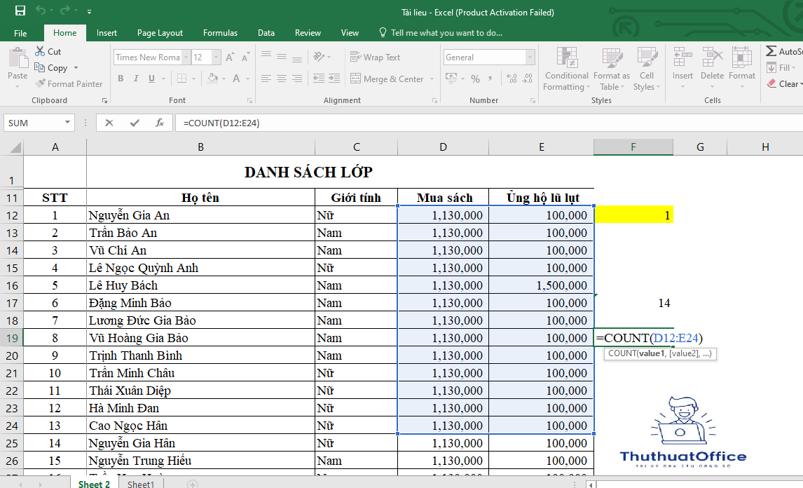 sử dụng hàm đếm trong excel cho người mới học 1