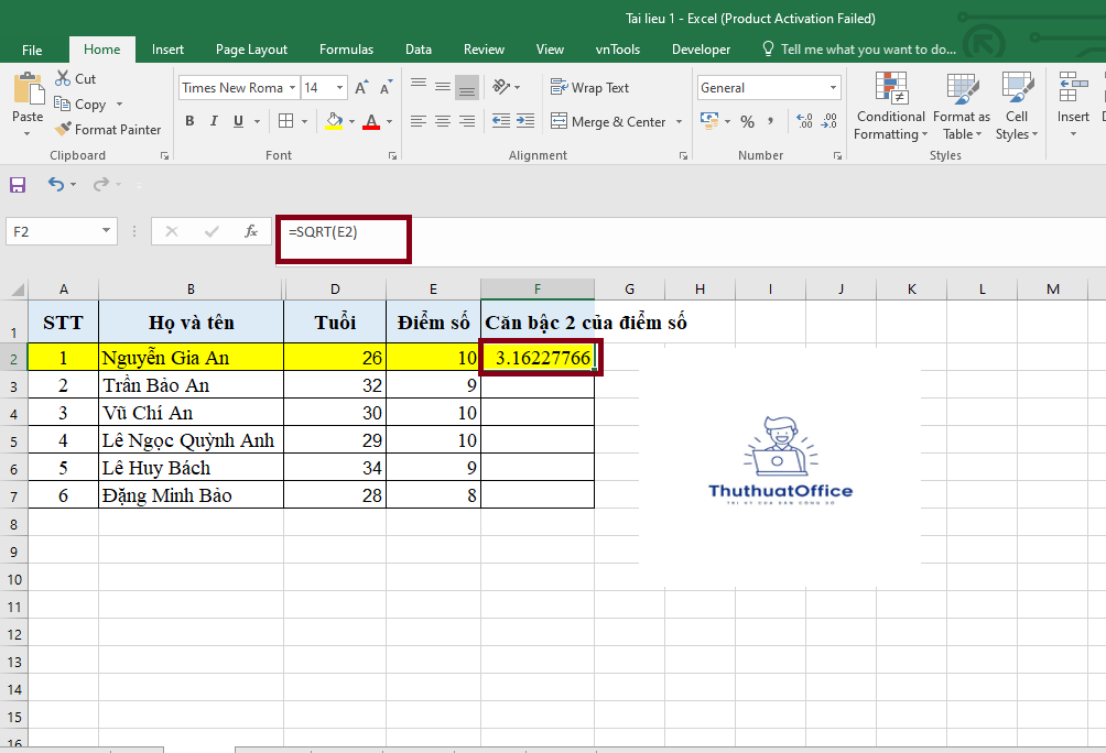 Hàm Căn Bậc 2 Trong Excel Công Thức Và Ví Dụ Cụ Thể 1