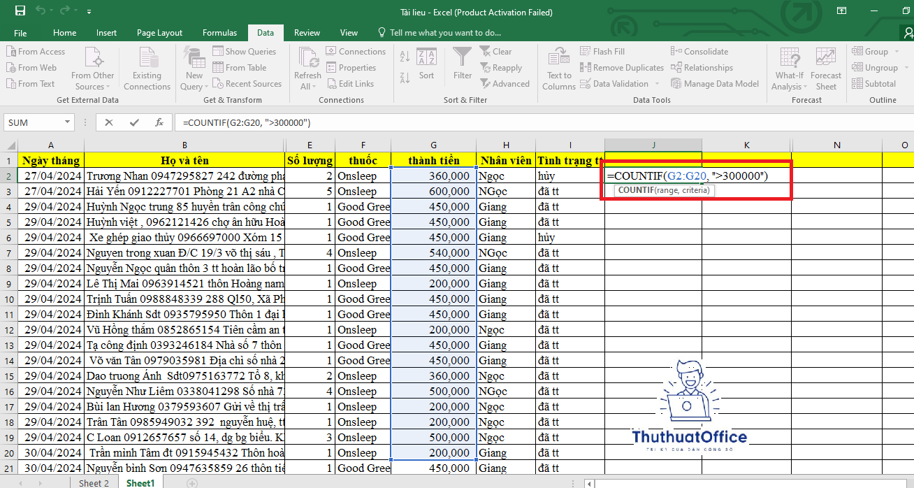 sử dụng hàm đếm trong excel cho người mới học 2