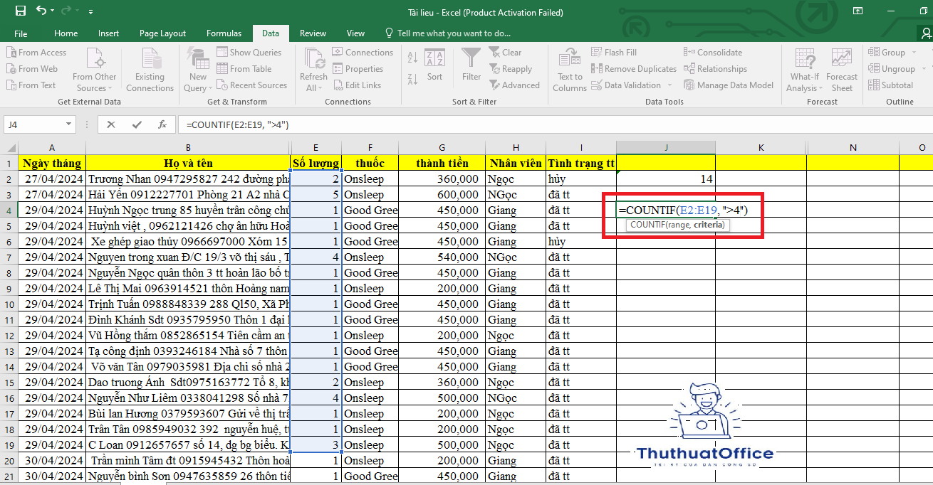 hàm countif trong excel 2