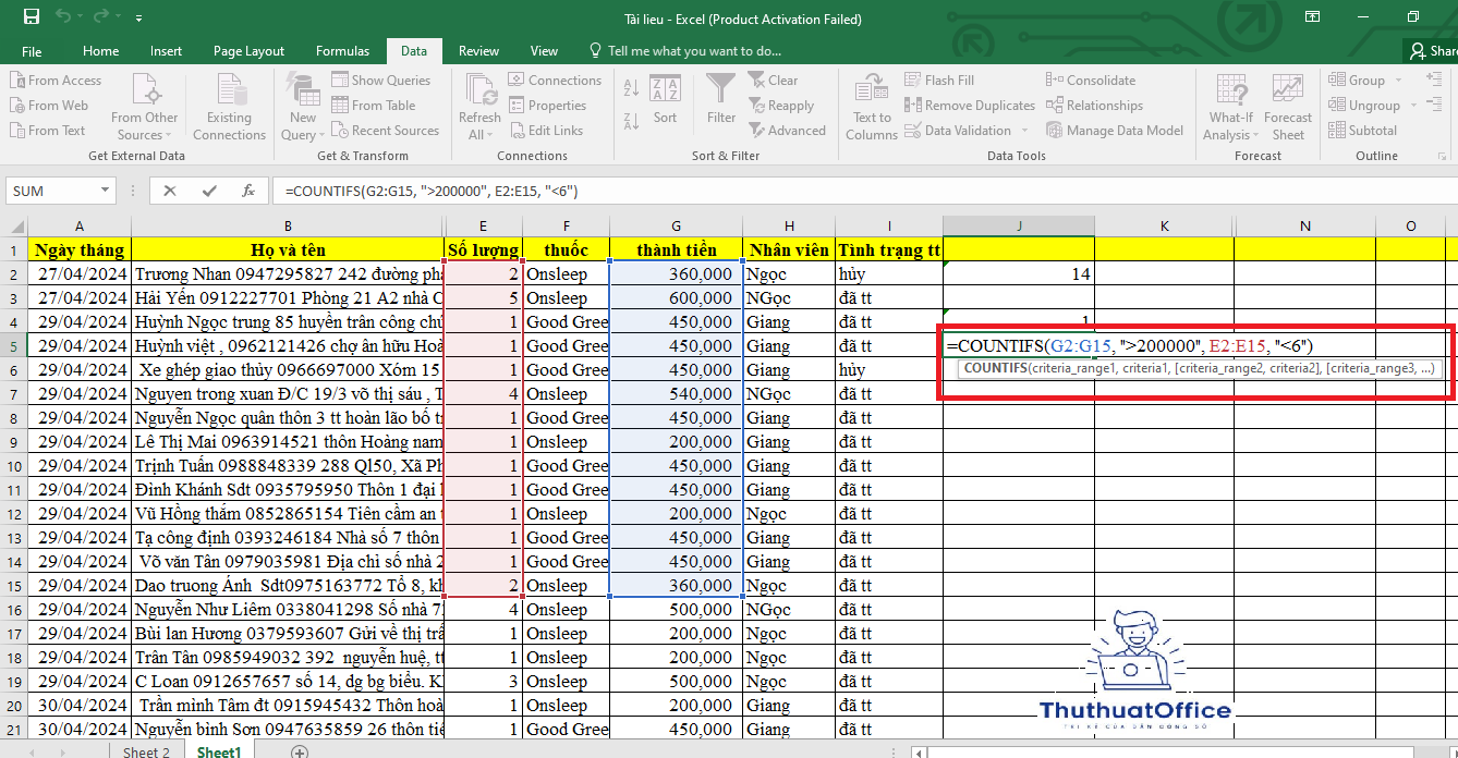 sử dụng hàm đếm trong excel cho người mới học 3